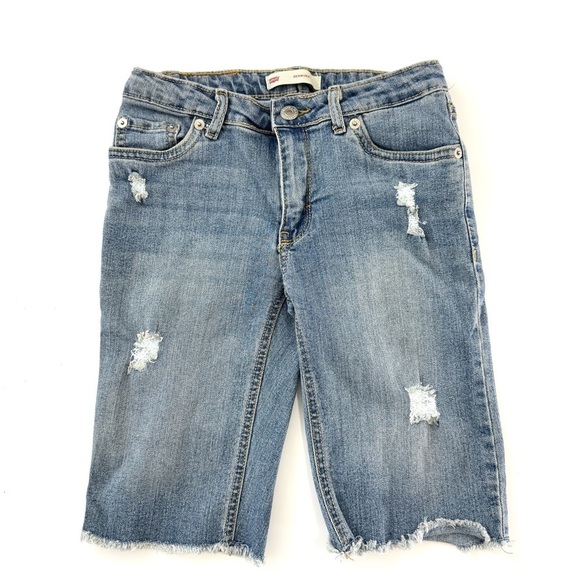 Levis Youth Boys Sz 10R Blue Denim Bermuda Shorts Distressed Raw Hem Slim Style - Picture 1 of 12